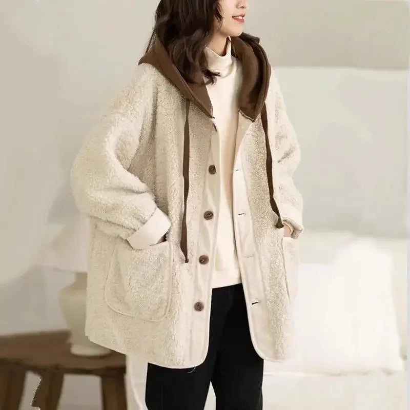 Lamb Wool Fleece Hooded Cotton-padded Jacket Coat