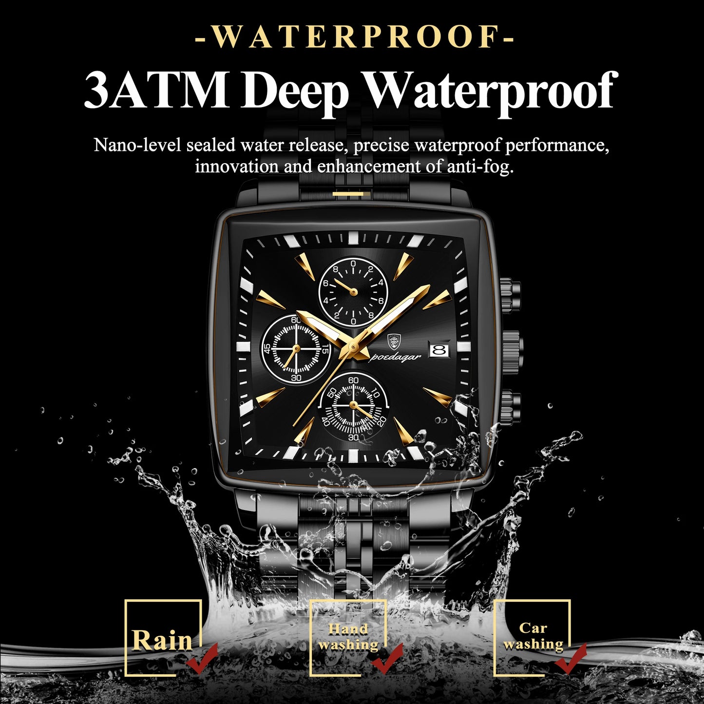 POEDAGAR Original Square Men Clock Waterproof Luminous Date Chronograph Man Watch Stainless Steel Quartz Men's Watches Reloj+Box