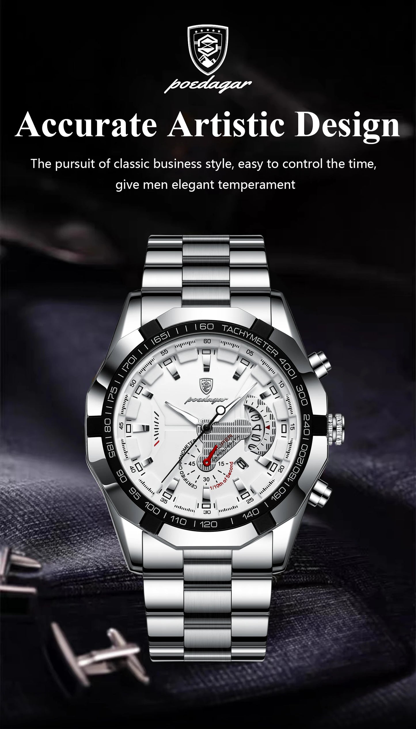 POEDAGAR Business Military Men Clock Waterproof Luminous Calendar Man Wristwatch Stainless Steel Quartz Men's Watches Male Reloj